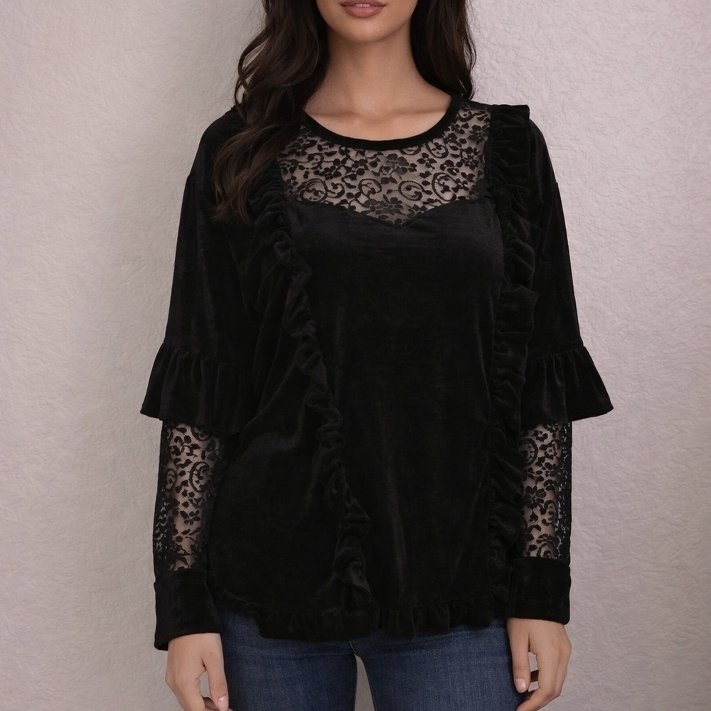 POL Velvet Lace Ruffle Witchy Goth Castlecore Long Sleeve Oversized Blouse